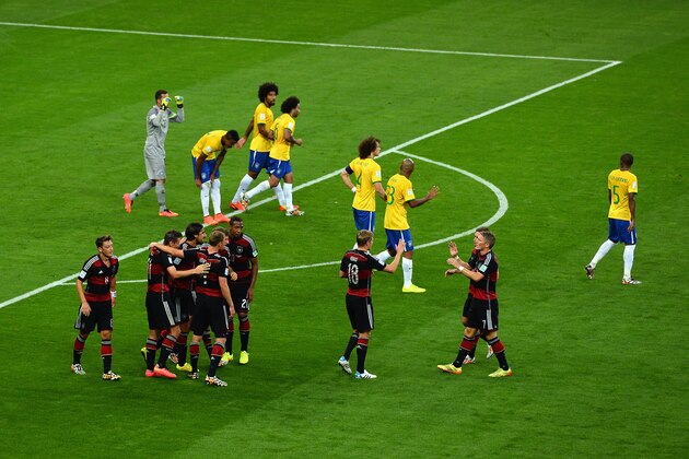 BELO HORIZONTE, BRAZIL - JULY 08:  Sami Khedira of Germany celebrates with his team-mates after scoring their fifth goal during the 2014 FIFA World Cup Brazil Semi Final match between Brazil and Germany at Estadio Mineirao on July 8, 2014 in Belo Horizonte, Brazil.  (Photo by Jamie McDonald/Getty Images)