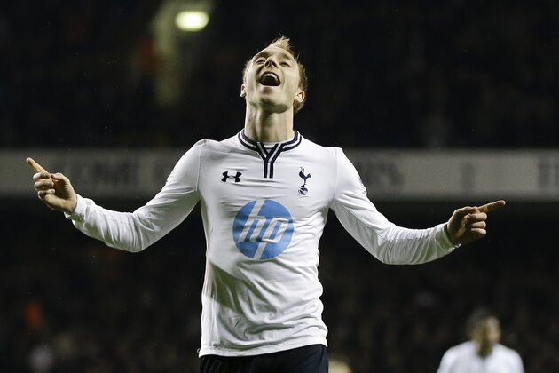 Tottenham's  Christian Eriksen celebrates scoring a goal during the English Premier League soccer match between Tottenham Hotspur and Sunderland at White Hart Lane stadium in London, Monday, April 7, 2014. (AP Photo/Kirsty Wigglesworth)
