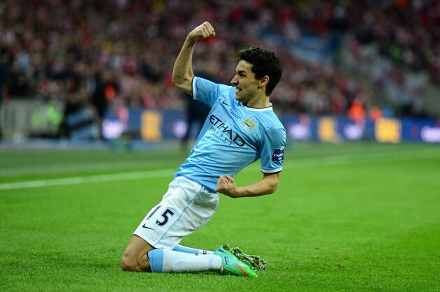 LONDON, ENGLAND - MARCH 02:  Jesus Navas of Manchester City celebrates after scoring his team's third goal during the Capital One Cup Final between Manchester City and Sunderland at Wembley Stadium  on March 2, 2014 in London, England.  (Photo by Jamie McDonald/Getty Images)