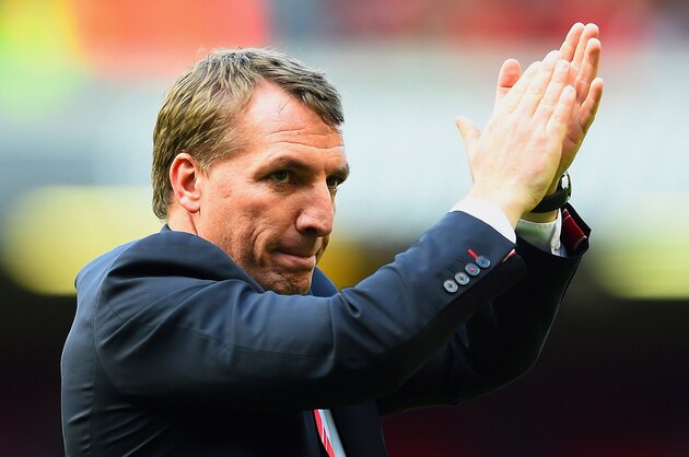 LIVERPOOL, ENGLAND - MAY 11:  Brendan Rodgers manager of Liverpool applauds the crowd after the Barclays Premier League match between Liverpool and Newcastle United at Anfield on May 11, 2014 in Liverpool, England. Liverpool finish as runners-up in the Premier League.  (Photo by Laurence Griffiths/Getty Images)