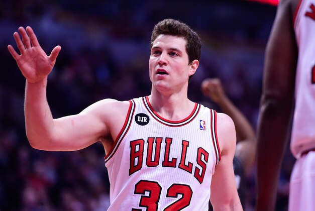 Apr 14, 2014; Chicago, IL, USA; Chicago Bulls guard Jimmer Fredette (32) during the second quarter at the United Center. Mandatory Credit: Mike DiNovo-USA TODAY Sports