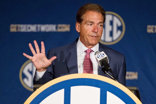 Jul 17, 2014; Hoover, AL, USA; Alabama Crimson Tide head coach Nick Saban talks to the media during the SEC football media days at the Wynfrey Hotel.  Mandatory Credit: Marvin Gentry-USA TODAY Sports