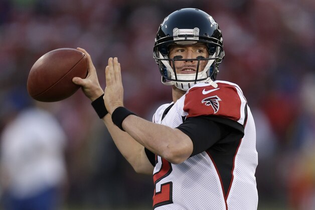 Atlanta Falcons quarterback Matt Ryan (2) warms up before an NFL football game against the San Francisco 49ers in San Francisco, Monday, Dec. 23, 2013. (AP Photo/Tony Avelar)