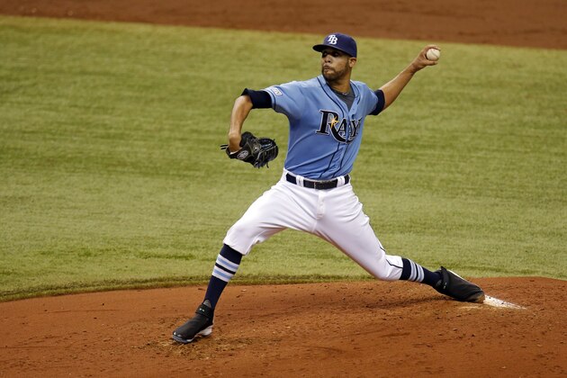 Tampa Bay Rays starting pitcher David Price throws during the fourth inning of a baseball game against the Toronto Blue Jays on Sunday, July 13, 2014, in St. Petersburg, Fla. (AP Photo/Mike Carlson)