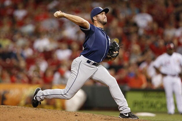 CINCINNATI, OH - MAY 13: Huston Street #16 of the San Diego Padres pitches in the ninth inning against the Cincinnati Reds during the game at Great American Ball Park on May 13, 2014 in Cincinnati, Ohio. The Padres won 2-1. (Photo by Joe Robbins/Getty Images)
