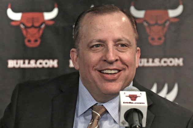 The Chicago Bulls head coach Tom Thibodeau welcomes forward Nikola Mirotic, and free agent forward/center Pau Gasol at an NBA news conference Friday, July 18, 2014, in Chicago. The Bulls are hoping the new additions will help bolster their offensive attack after they struggled to score at times last year. Mirotic was acquired by Chicago on June 24, 2011, as part of a draft-night trade with the Minnesota Timberwolves and played last with Spain's Real Madrid CF. Gasol a 13-year veteran of the NBA, comes to Chicago after spending the past six-plus seasons with the Los Angeles Lakers. (AP Photo/M. Spencer Green) The Chicago Bulls head coach Tom Thibodeau welcomes forward Nikola Mirotic, and free agent forward/center Pau Gasol at an NBA news conference Friday, July 18, 2014, in Chicago. The Bulls are hoping the new additions will help bolster their offensive attack after they struggled to score at times last year. Mirotic was acquired by Chicago on June 24, 2011, as part of a draft-night trade with the Minnesota Timberwolves and played last with Spain's Real Madrid CF. Gasol a 13-year veteran of the NBA, comes to Chicago after spending the past six-plus seasons with the Los Angeles Lakers. (AP Photo/M. Spencer Green)