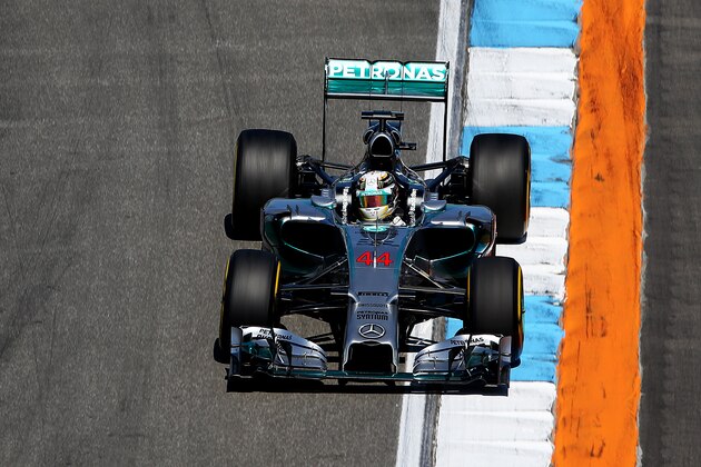 HOCKENHEIM, GERMANY - JULY 18:  Lewis Hamilton of Great Britain and Mercedes GP drives during practice ahead of the German Grand Prix at Hockenheimring on July 18, 2014 in Hockenheim, Germany.  (Photo by Mark Thompson/Getty Images)