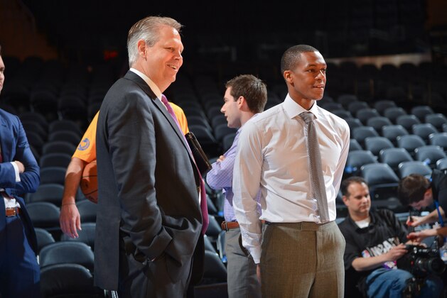 NEW YORK, NY - APRIL 20: Danny Ainge, president of Basketball Operations for the Boston Celtics, left, stands on court with Rajon Rondo #9 before Game One of the Eastern Conference Quarterfinals between the Celtics and New York Knicks during the 2013 NBA Playoffs on April 20, 2013 at Madison Square Garden in New York City, New York. NOTE TO USER: User expressly acknowledges and agrees that, by downloading and or using this photograph, User is consenting to the terms and conditions of the Getty Images License Agreement. Mandatory Copyright Notice: Copyright 2013 NBAE (Photo by Jesse D. Garrabrant/NBAE via Getty Images)