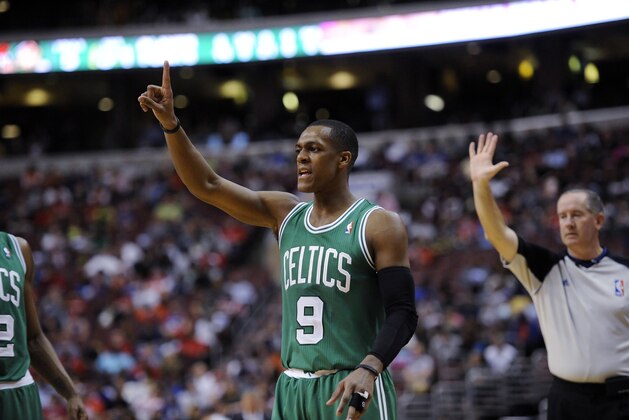 Boston Celtics' Rajon Rondo is seen during an NBA basketball game against the Philadelphia 76ers on Monday, April 14, 2014, in Philadelphia. (AP Photo/Michael Perez)