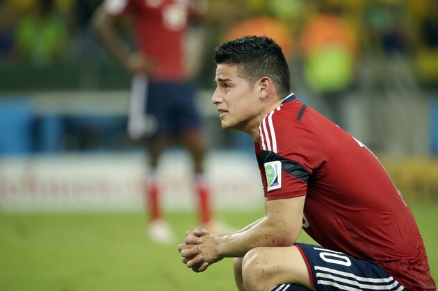 Colombia's James Rodriguez reacts at the end of the World Cup quarterfinal soccer match between Brazil and Colombia at the Arena Castelao in Fortaleza, Brazil, Friday, July 4, 2014. Brazil won 2-1 to reach the semifinals. (AP Photo/Hassan Ammar) Colombia's James Rodriguez reacts at the end of the World Cup quarterfinal soccer match between Brazil and Colombia at the Arena Castelao in Fortaleza, Brazil, Friday, July 4, 2014. Brazil won 2-1 to reach the semifinals. (AP Photo/Hassan Ammar)