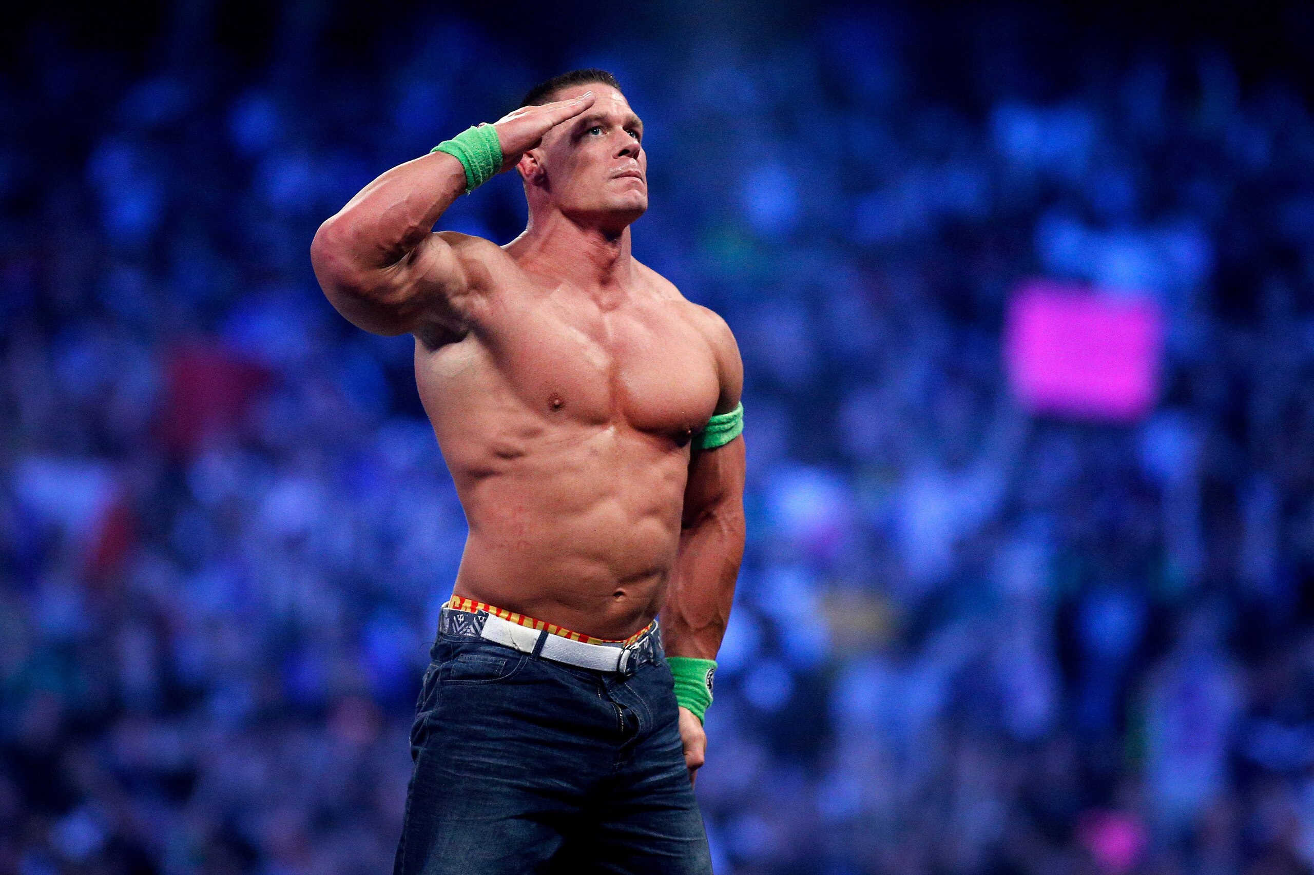 John Cena celebrates his win during Wrestlemania XXX at the Mercedes-Benz Super Dome in New Orleans on Sunday, April 6, 2014. (Jonathan Bachman/AP Images for WWE)