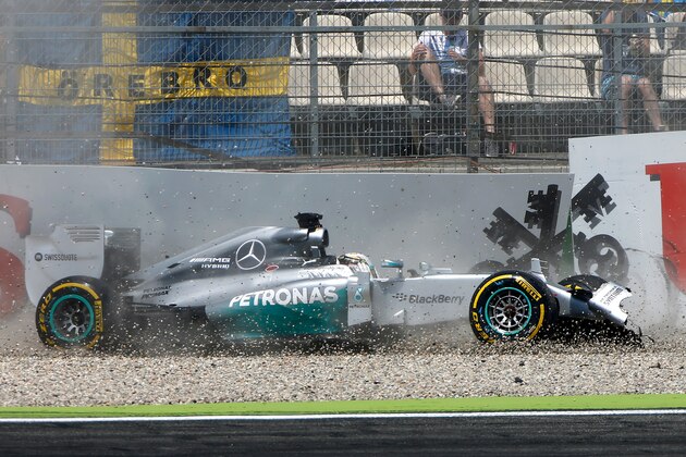 HOCKENHEIM, GERMANY - JULY 19:  Lewis Hamilton of Great Britain and Mercedes GP crashes during qualifying ahead of the German Grand Prix at Hockenheimring on July 19, 2014 in Hockenheim, Germany.  (Photo by Getty Images/Getty Images)