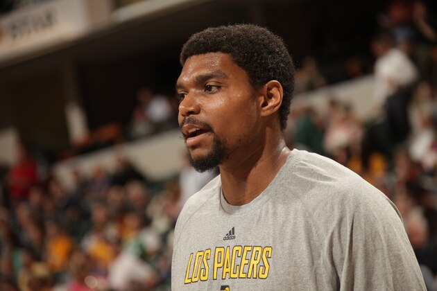 INDIANAPOLIS - MARCH 11: Andrew Bynum #17 of the Indiana Pacers warms up before the game against the Boston Celtics at Bankers Life Fieldhouse on March 11, 2014 in Indianapolis, Indiana.  NOTE TO USER: User expressly acknowledges and agrees that, by downloading and or using this Photograph, user is consenting to the terms and condition of the Getty Images License Agreement. Mandatory Copyright Notice: 2014 NBAE  (Photo by Ron Hoskins/NBAE via Getty Images)