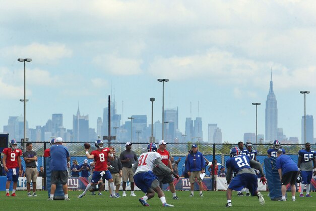 Aug 7, 2013; East Rutherford, NJ, USA; New York Giants quarterback David Carr (8) drops back to pass during team practice at the Quest Diagnostics Training Center. Mandatory Credit: Brad Penner-USA TODAY Sports