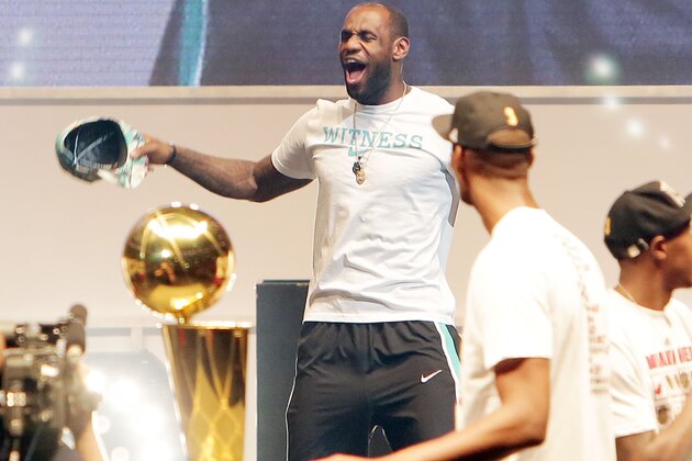 MIAMI, FL - JUNE 24: LeBron James of the Miami Heat attends the NBA Championship victory rally at the AmericanAirlines Arena on June 24, 2013 in Miami, Florida. The Miami Heat defeated the San Antonio Spurs in the NBA Finals.  (Photo by Alexander Tamargo/Getty Images)