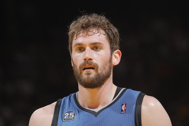 OAKLAND, CA - APRIL 14: Kevin Love #42 of the Minnesota Timberwolves during a game against the Golden State Warriors on April 14, 2014 at Oracle Arena in Oakland, California. NOTE TO USER: User expressly acknowledges and agrees that, by downloading and or using this photograph, user is consenting to the terms and conditions of Getty Images License Agreement. Mandatory Copyright Notice: Copyright 2014 NBAE (Photo by Rocky Widner/NBAE via Getty Images)