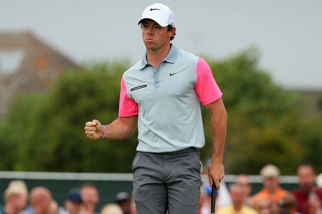 HOYLAKE, ENGLAND - JULY 20:  Rory McIlroy of Northern Ireland celebrates a birdie putt on the first green during the final round of The 143rd Open Championship at Royal Liverpool on July 20, 2014 in Hoylake, England.  (Photo by Mike Ehrmann/Getty Images)