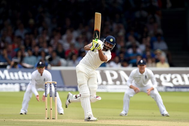 LONDON, ENGLAND - JULY 20: India batsman Ravindra Jadeja hits out during day four of 2nd Investec Test match between England and India at Lord's Cricket Ground on July 20, 2014 in London, United Kingdom.  (Photo by Stu Forster/Getty Images)