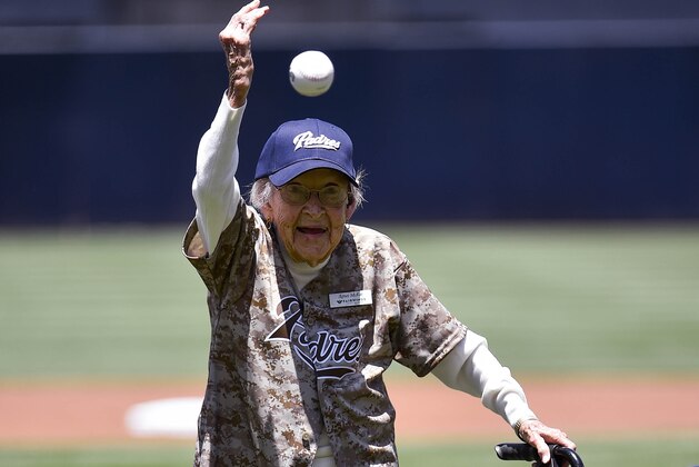 SAN DIEGO, CA - JULY 20: 105-year-old Agnes McKee throws out the first pitch before a baseball game between the New York Mets and the San Diego Padres at Petco Park July 20, 2014 in San Diego, California.  (Photo by Denis Poroy/Getty Images)