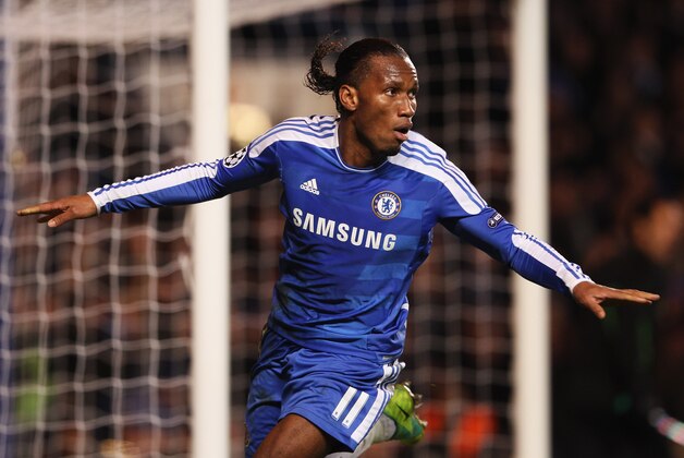 LONDON, ENGLAND - DECEMBER 06:  Didier Drogba of Chelsea celebrates as he scores their third goal during the UEFA Champions League Group E match between Chelsea FC and Valencia CF at Stamford Bridge on December 6, 2011 in London, England.  (Photo by Scott Heavey/Getty Images)