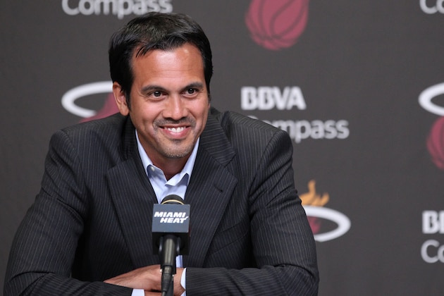 MIAMI, FL - JUNE 30:  Erik Spoelstra of the Miami Heat speaks to the media during a press conference at the American Airlines Arena in Miami, Florida. NOTE TO USER: User expressly acknowledges and agrees that, by downloading and/or using this photograph, user is consenting to the terms and conditions of the Getty Images License Agreement. Mandatory copyright notice: Copyright NBAE 2014 (Photo by Issac Baldizon/NBAE via Getty Images)
