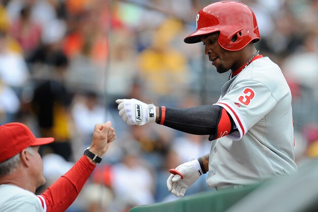 PITTSBURGH, PA - JULY 6: Marlon Byrd #3 of the Philadelphia Phillies celebrates his solo home run during the seventh inning against the Pittsburgh Pirates on July 6, 2014 at PNC Park in Pittsburgh, Pennsylvania. (Photo by Joe Sargent/Getty Images) PITTSBURGH, PA - JULY 6: Marlon Byrd #3 of the Philadelphia Phillies celebrates his solo home run during the seventh inning against the Pittsburgh Pirates on July 6, 2014 at PNC Park in Pittsburgh, Pennsylvania. (Photo by Joe Sargent/Getty Images)