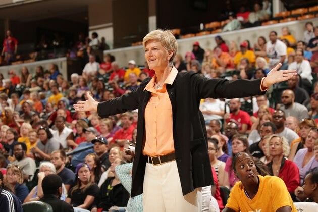 INDIANAPOLIS, IN - AUGUST 8: Carol Ross, Head Coach of the Los Angeles Sparks reacts to a play during a game against the Indiana Fever on August 8, 2013 at Bankers Life Fieldhouse in Indianapolis, Indiana. NOTE TO USER: User expressly acknowledges and agrees that, by downloading and/or using this photograph, user is consenting to the terms and conditions of the Getty Images License Agreement.  Mandatory Copyright Notice: Copyright 2013 NBAE (Photo by Ron Hoskins/NBAE via Getty Images)