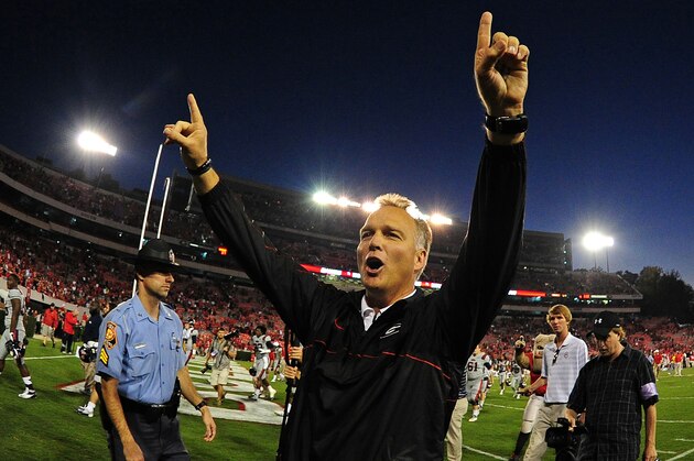 ATHENS, GA - NOVEMBER 3: Head Coach Mark Richt of the Georgia Bulldogs celebrates after the game against the Ole Miss Rebels at Sanford Stadium on November 3, 2012 in Athens, Georgia. (Photo by Scott Cunningham/Getty Images)