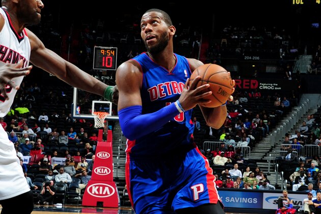 ATLANTA, GA - APRIL 8: Greg Monroe #10 of the Detroit Pistons drives against the Atlanta Hawks on April 8, 2014 at Philips Arena in Atlanta, Georgia.  NOTE TO USER: User expressly acknowledges and agrees that, by downloading and/or using this Photograph, user is consenting to the terms and conditions of the Getty Images License Agreement. Mandatory Copyright Notice: Copyright 2014 NBAE (Photo by Scott Cunningham/NBAE via Getty Images)
