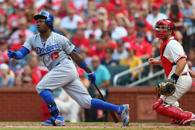ST. LOUIS, MO - JULY 19: Hanley Ramirez #13 of the Los Angeles Dodgers hits an RBI single in the third inning against the St. Louis Cardinals at Busch Stadium on July 19, 2014 in St. Louis, Missouri.  (Photo by Dilip Vishwanat/Getty Images)