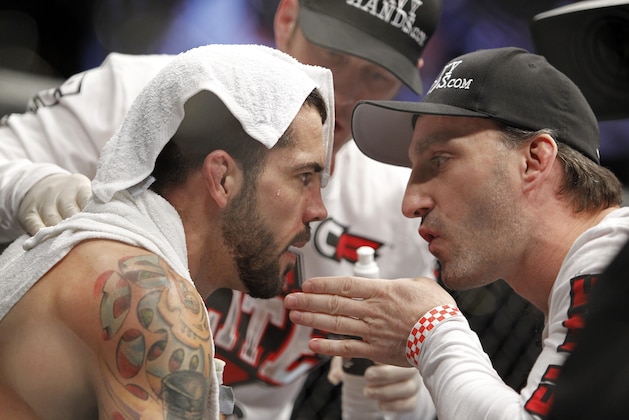 Matt Brown, left, during his UFC welterweight mixed martial art match against Chris Lytle Saturday, July 3, 2010 at The MGM Grand Garden Arena in Las Vegas. (AP Photo/Eric Jamison)