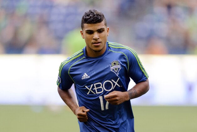Jul 13, 2014; Seattle, WA, USA; Seattle Sounders FC defender DeAndre Yedlin (17) warms up prior to the game between the Sounders FC and the Portland Timbers at CenturyLink Field. Mandatory Credit: Steven Bisig-USA TODAY Sports
