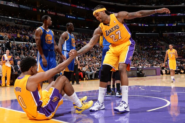 LOS ANGELES, CA - NOVEMBER 22: Jordan Hill #27 helps Nick Young #0 of the Los Angeles Lakers up during a game against the Golden State Warriors on November 22, 2013 at STAPLES Center in Los Angeles, California. NOTE TO USER: User expressly acknowledges and agrees that, by downloading and/or using this Photograph, user is consenting to the terms and conditions of the Getty Images License Agreement. Mandatory Copyright Notice: Copyright 2013 NBAE (Photo by Andrew D. Bernstein/NBAE via Getty Images) LOS ANGELES, CA - NOVEMBER 22: Jordan Hill #27 helps Nick Young #0 of the Los Angeles Lakers up during a game against the Golden State Warriors on November 22, 2013 at STAPLES Center in Los Angeles, California. NOTE TO USER: User expressly acknowledges and agrees that, by downloading and/or using this Photograph, user is consenting to the terms and conditions of the Getty Images License Agreement. Mandatory Copyright Notice: Copyright 2013 NBAE (Photo by Andrew D. Bernstein/NBAE via Getty Images)