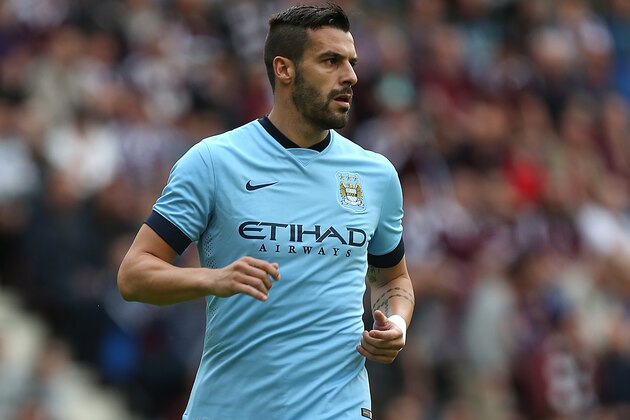 EDINBURGH, SCOTLAND - JULY 18:  Alvaro Negredo of Manchester City in action during the Pre Season Friendly match between Hearts and Manchester City at Tyncastle Stadium on July 18, 2014 in Edinburgh, Scotland.  (Photo by Pete Norton/Getty Images)