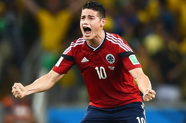 FORTALEZA, BRAZIL - JULY 04:  James Rodriguez of Colombia celebrates scoring his team's first goal on a penalty kick during the 2014 FIFA World Cup Brazil Quarter Final match between Brazil and Colombia at Castelao on July 4, 2014 in Fortaleza, Brazil.  (Photo by Laurence Griffiths/Getty Images)