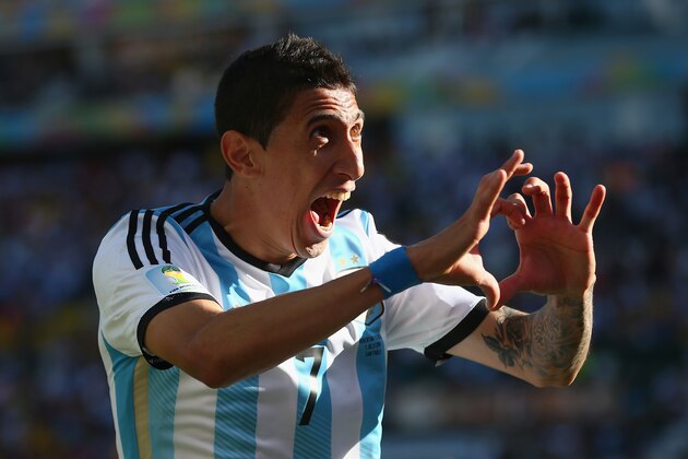 SAO PAULO, BRAZIL - JULY 01: Angel di Maria of Argentina celebrates scoring his team's first goal in extra time during the 2014 FIFA World Cup Brazil Round of 16 match between Argentina and Switzerland at Arena de Sao Paulo on July 1, 2014 in Sao Paulo, Brazil.  (Photo by Julian Finney/Getty Images)