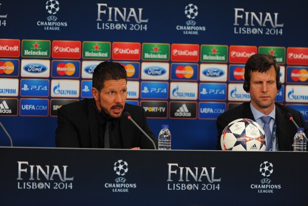 LISBON, PORTUGAL - MAY 24:  In this handout image provided by UEFA, Diego Simeone, coach of Atletico Madrid attends the post match press conference after losing the UEFA Champions League final against Real Madrid at Estadio da Luz on May 24, 2014 in Lisbon, Portugal.   (Photo by Handout/UEFA via Getty Images)