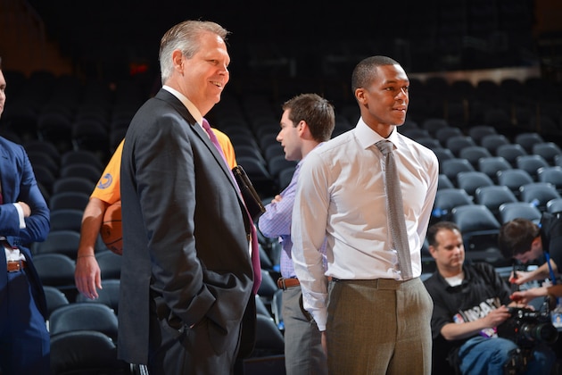 NEW YORK, NY - APRIL 20: Danny Ainge, president of Basketball Operations for the Boston Celtics, left, stands on court with Rajon Rondo #9 before Game One of the Eastern Conference Quarterfinals between the Celtics and New York Knicks during the 2013 NBA Playoffs on April 20, 2013 at Madison Square Garden in New York City, New York. NOTE TO USER: User expressly acknowledges and agrees that, by downloading and or using this photograph, User is consenting to the terms and conditions of the Getty Images License Agreement. Mandatory Copyright Notice: Copyright 2013 NBAE (Photo by Jesse D. Garrabrant/NBAE via Getty Images)