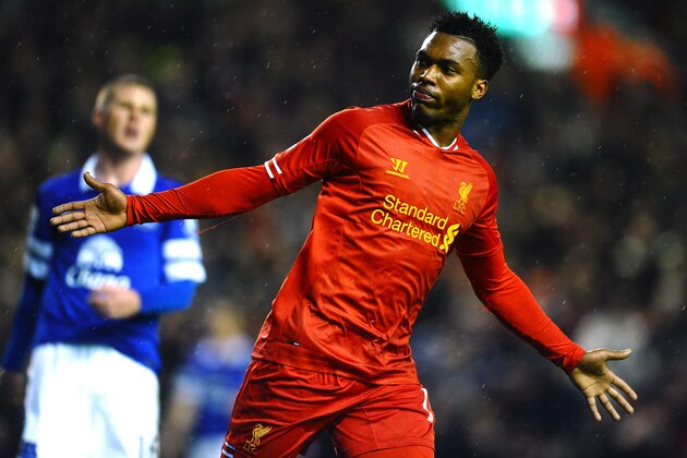 LIVERPOOL, ENGLAND - JANUARY 28:  Daniel Sturridge of Liverpool celebrates after scoring his team's second goal during the Barclays Premier League match between Liverpool and Everton at Anfield on January 28, 2014 in Liverpool, England.  (Photo by Laurence Griffiths/Getty Images)
