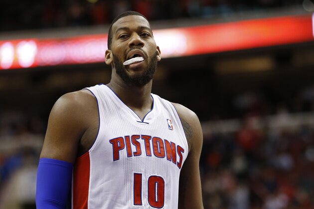 Detroit Pistons' Greg Monroe in action during an NBA basketball game against the Philadelphia 76ers, Saturday, March 29, 2014, in Philadelphia. (AP Photo/Matt Slocum)