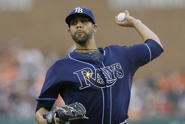Tampa Bay Rays starting pitcher David Price throws during the first inning of a baseball game against the Detroit Tigers in Detroit, Sunday, July 6, 2014. (AP Photo/Carlos Osorio)