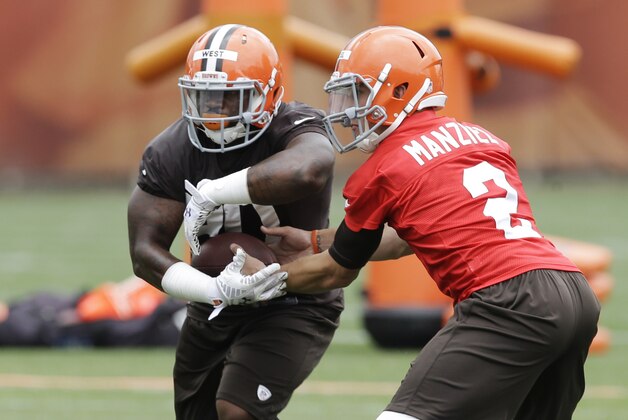 Cleveland Browns quarterback Johnny Manziel, right, hands off to Terrance West at a mandatory minicamp practice at the NFL football team's facility in Berea, Ohio Wednesday, June 11, 2014. (AP Photo/Mark Duncan)