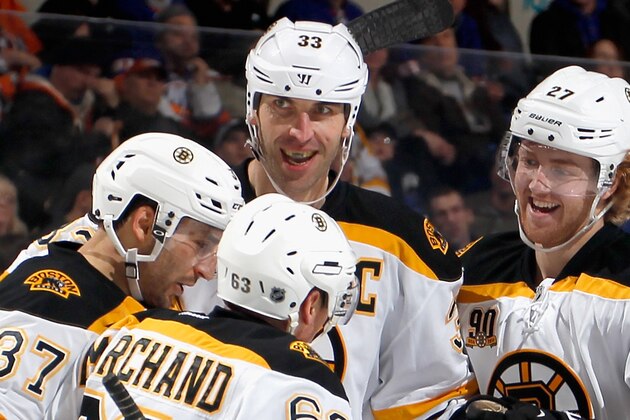 UNIONDALE, NY - JANUARY 27:   Zdeno Chara #33, Patrice Bergeron #37, Brad Marchand #63, and Dougie Hamilton #27 of the Boston Bruins celebrate a goal credited to Chara in the third period of an NHL hockey game against the New York Islanders at Nassau Veterans Memorial Coliseum on January 27, 2014 in Uniondale, New York. Boston won 6-3.  (Photo by Paul Bereswill/Getty Images)