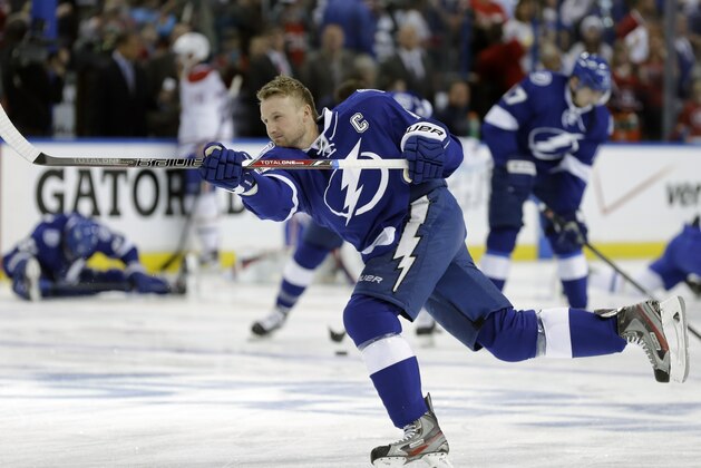 Tampa Bay Lightning center Steven Stamkos (91) before Game 2 of a first-round NHL hockey playoff series against the Montreal Canadiens Friday, April 18, 2014, in Tampa, Fla. (AP Photo/Chris O'Meara)