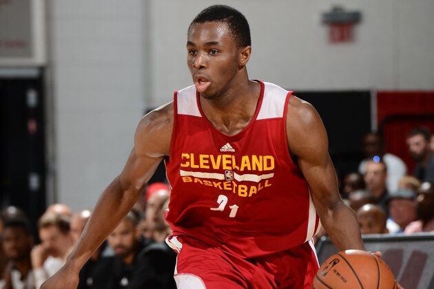 LAS VEGAS, NV - JULY 13:  Andrew Wiggins #21 of the Cleveland Cavaliers handles the ball against the San Antonio Spurs at the Samsung NBA Summer League 2014 on July 13, 2014 at the Cox Pavilion in Las Vegas, Nevada. NOTE TO USER: User expressly acknowledges and agrees that, by downloading and or using this photograph, User is consenting to the terms and conditions of the Getty Images License Agreement. Mandatory Copyright Notice: Copyright 2014 NBAE (Photo by Garrett Ellwood/NBAE via Getty Images)