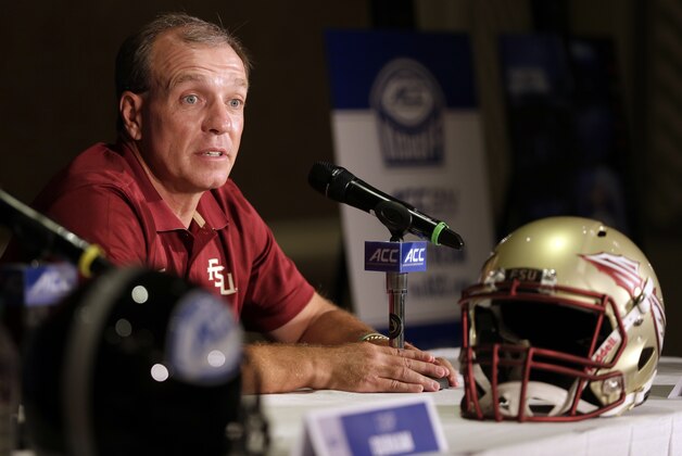 Florida State head coach Jimbo Fisher answers a question during a news conference at the Atlantic Coast Conference Football kickoff in Greensboro, N.C., Monday, July 21, 2014. (AP Photo/Chuck Burton)