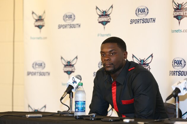 CHARLOTTE, NC - JULY 18: Charlotte Hornets announce the signing of Lance Stephenson to the media  at Time Warner Cable Arena on July 18, 2014 in Charlotte, North Carolina.  NOTE TO USER: User expressly acknowledges and agrees that, by downloading and or using this photograph, User is consenting to the terms and conditions of the Getty Images License Agreement.  Mandatory Copyright Notice:  Copyright 2014 NBAE (Photo by Kent Smith/NBAE via Getty Images)