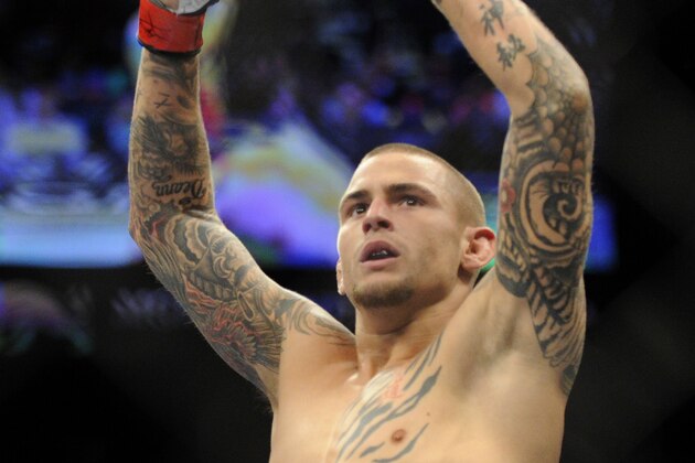 Dustin Poirier of Coconut Creek, Fla., reacts after defeating Diego Brandao, of Brazil, during a UFC 168 mixed martial arts featherweight bout on Saturday, Dec. 28, 2013, in Las Vegas. Poirier won by a technical knockout in the first round. (AP Photo/David Becker)