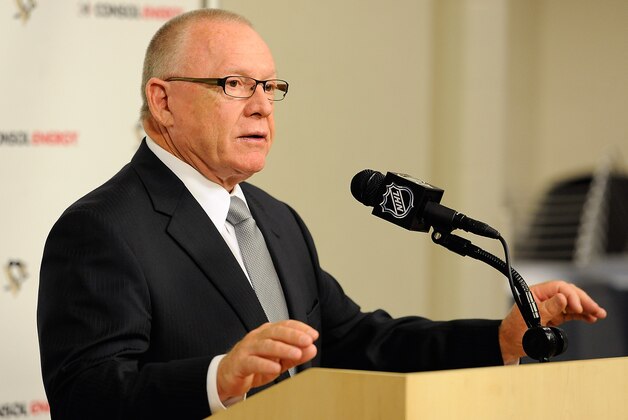 PITTSBURGH, PA - JUNE 25:  Pittsburgh Penguins Executive Vice President and General Manager Jim Rutherford speaks with the media during a press conference to introduce new Head Coach Mike Johnston on June 25, 2014 at Consol Energy Center in Pittsburgh, Pennsylvania.  (Photo by Joe Sargent/NHLI via Getty Images)