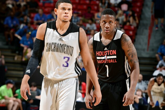 LAS VEGAS, NV - JULY 21: Ray McCallum #3 of the Sacramento Kings stands on the court during a game against Isaiah Canaan #1 of the Houston Rockets during the Samsung NBA Summer League 2014 on July 21, 2014 at the Thomas & Mack Center in Las Vegas, Nevada. NOTE TO USER: User expressly acknowledges and agrees that, by downloading and or using this photograph, User is consenting to the terms and conditions of the Getty Images License Agreement. Mandatory Copyright Notice: Copyright 2014 NBAE (Photo by Garrett Ellwood/NBAE via Getty Images)